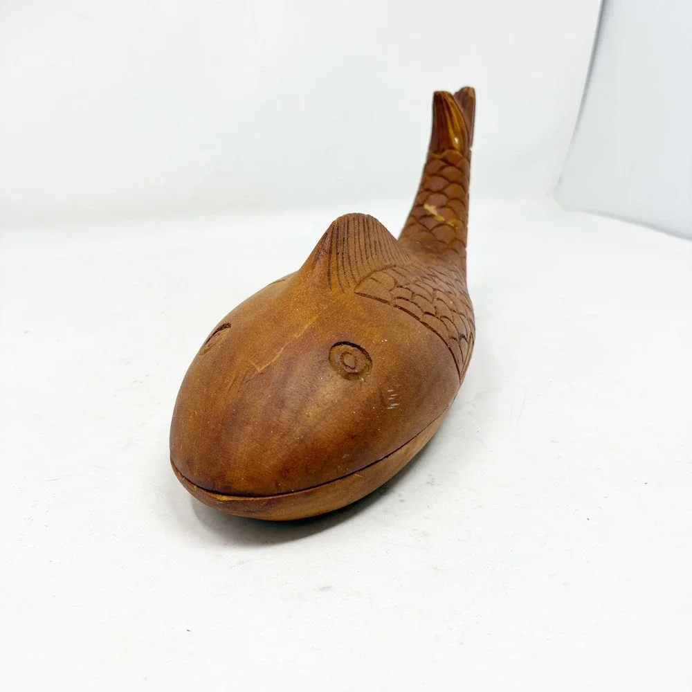 Hand Carved Wooden Fish Trinket Box Nautical‎ Coastal Decor Brown Storage 11.5in